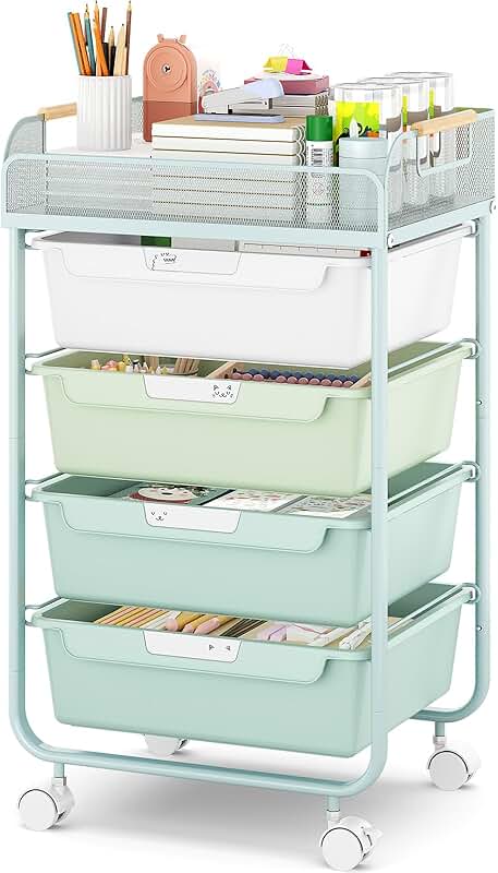 Green rolling storage cart with four drawers and mesh top