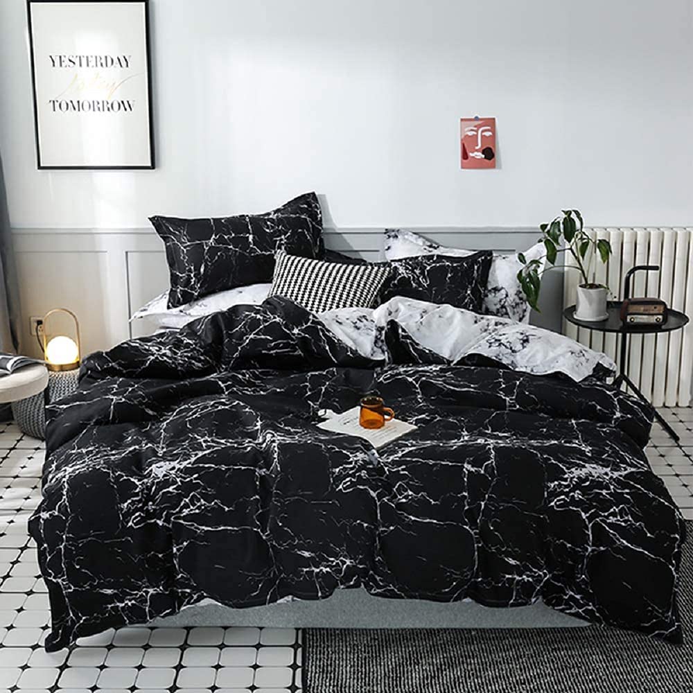 Black Marble Duvet Cover Full with Zipper Reversible White Marble Bedding Set 3 Pcs Black and White Marble Texture Comforter Cover, Modern Style Bed Quilt for Men and Women