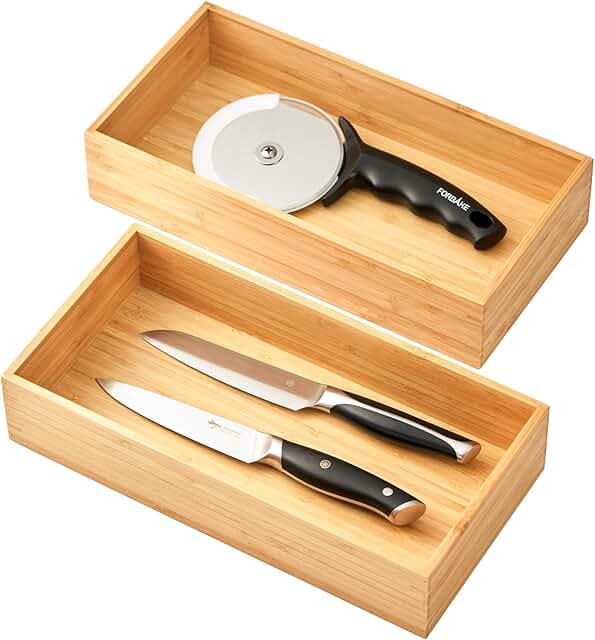 Bamboo Kitchen Utensil and Silverware Drawer Organizer Set