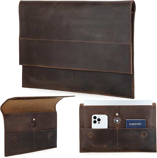 Slim 14.2" Leather Laptop Sleeve with Pockets and Tracker Holder