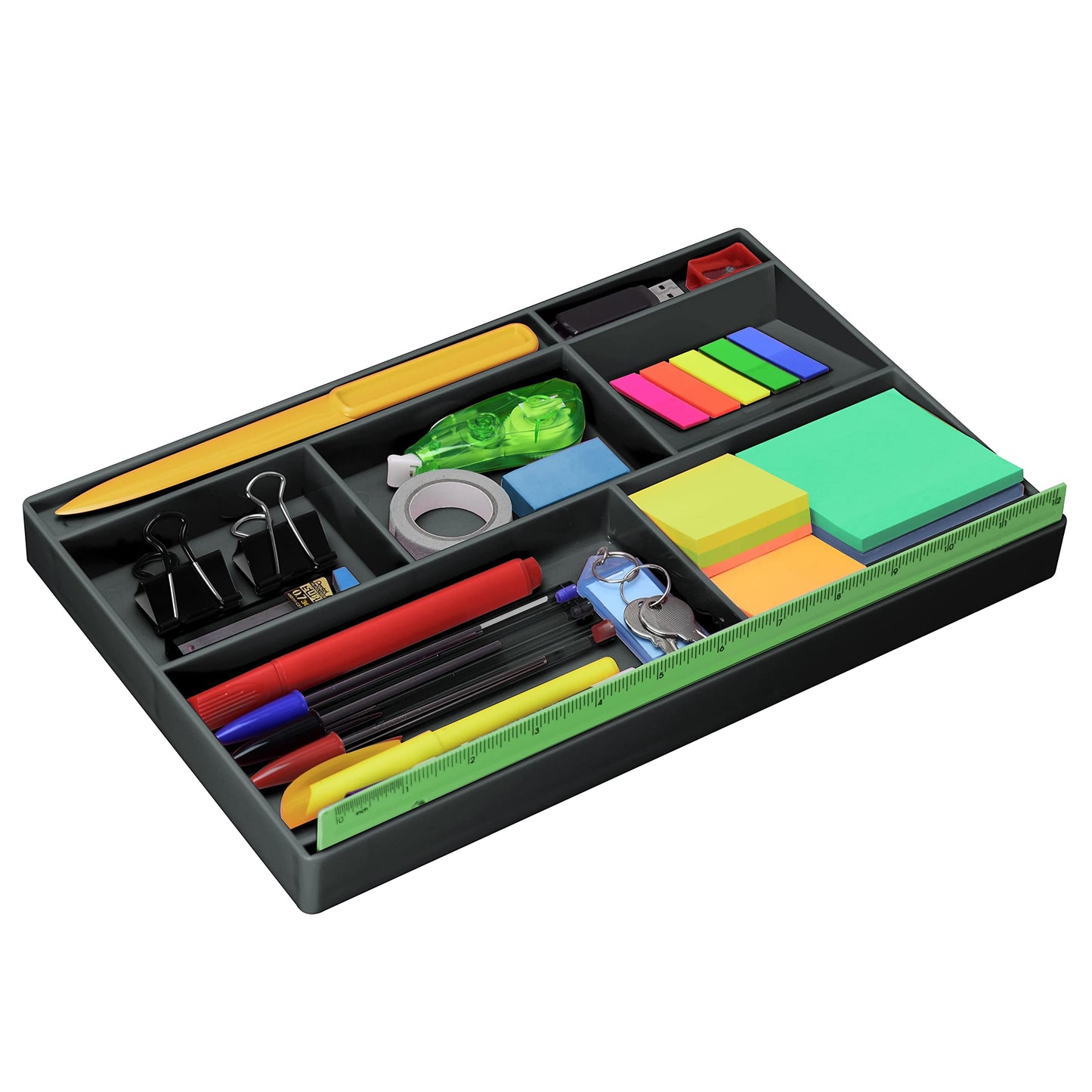 Black plastic desk drawer organizer with 8 compartments