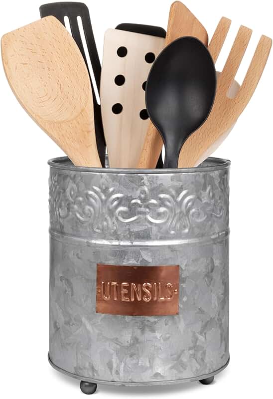 Large Galvanized Steel Farmhouse Utensil Holder with Copper Label