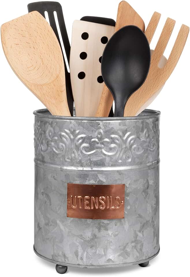 Large Galvanized Steel Farmhouse Utensil Holder with Copper Label