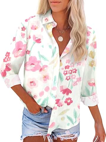 Casual Floral V-Neck Long Sleeve Blouses for Women