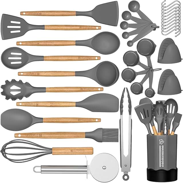 35-Piece Silicone Kitchen Utensil Set with Wooden Handles