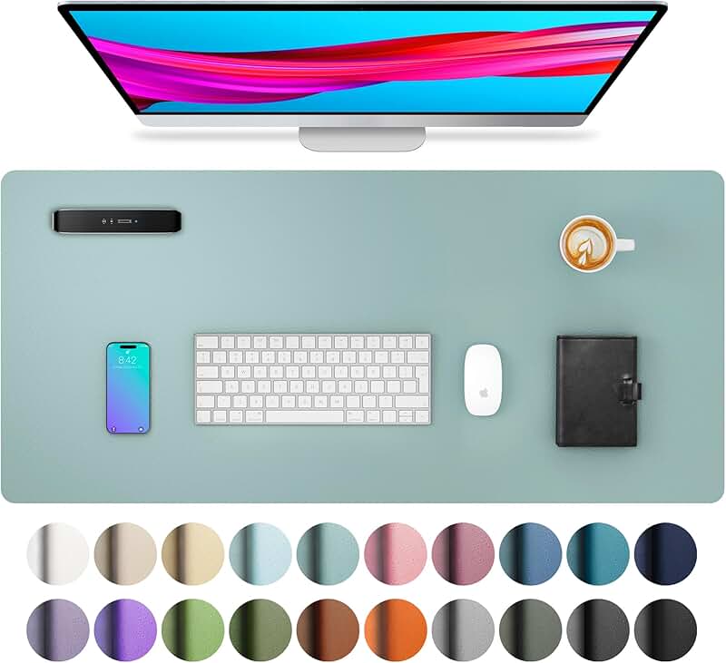 Leather Desk Pad Protector, Non-Slip, Waterproof, Light Blue