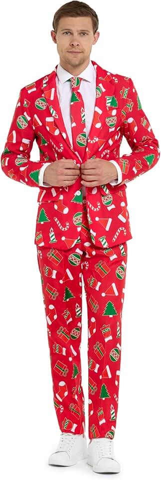 Men's Christmas Party Suit with Blazer, Pants, and Tie