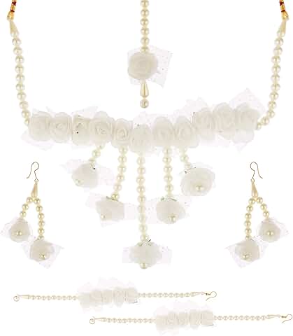 Floral Jewelry Set with Necklace Earrings Maangtikka Bracelet