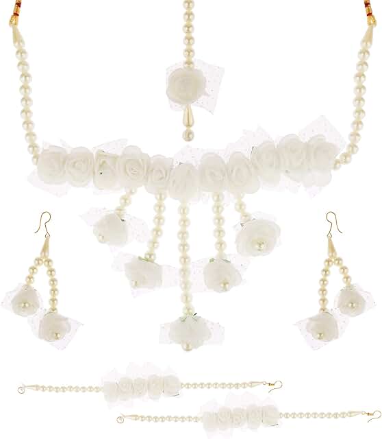 Floral Jewelry Set with Necklace Earrings Maangtikka Bracelet