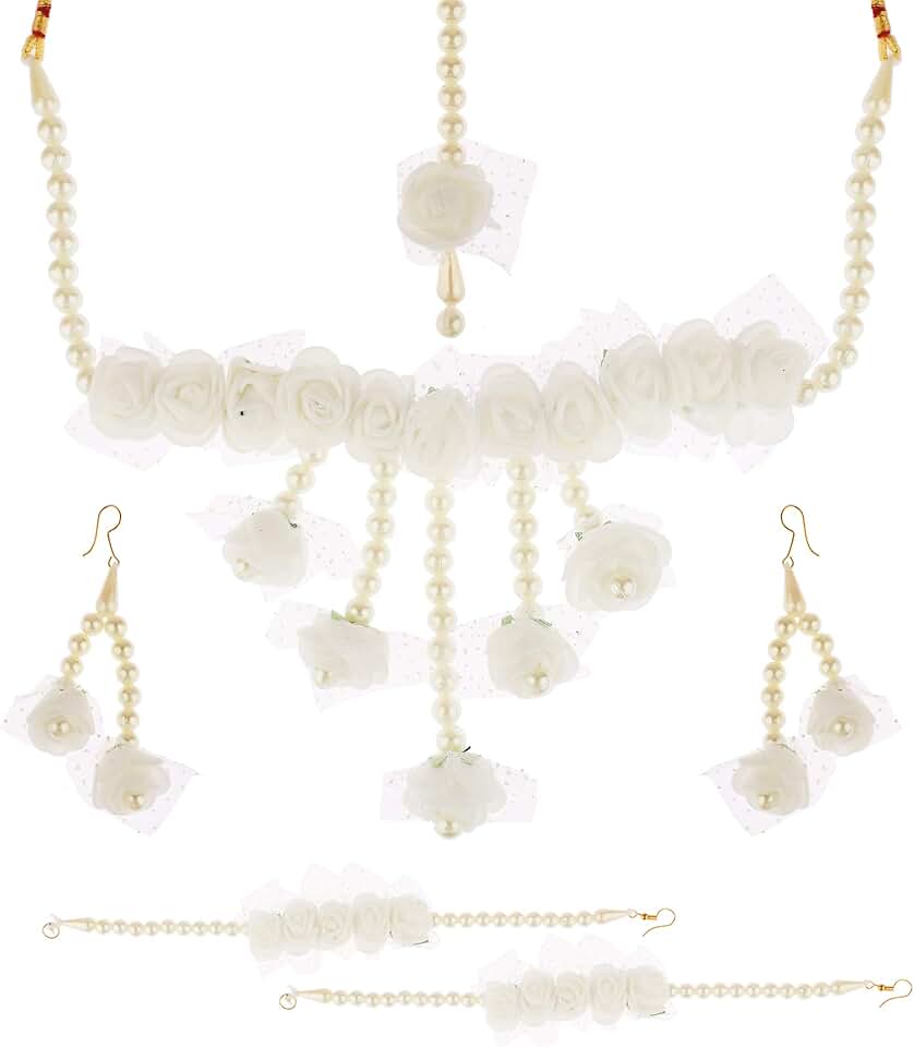Floral Jewelry Set with Necklace Earrings Maangtikka Bracelet