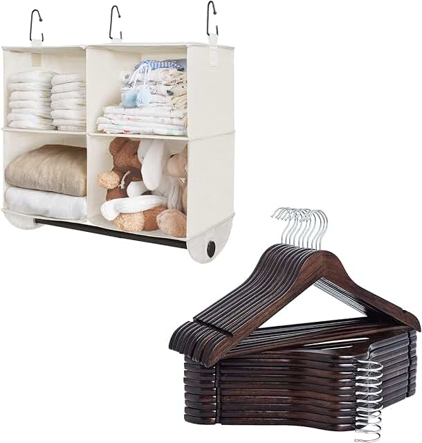 Four-section closet shelves with twenty wooden hangers