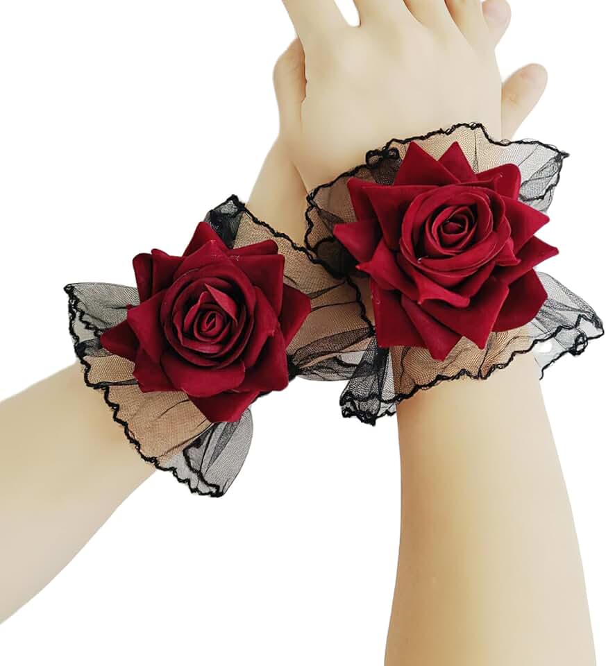 Black lace rose gloves with flower wrist cuff for women