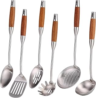 Set of 6 stainless steel kitchen utensils with wood handles