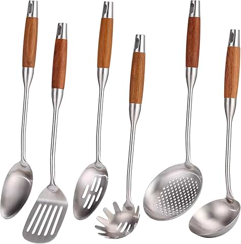 Set of 6 stainless steel kitchen utensils with wood handles