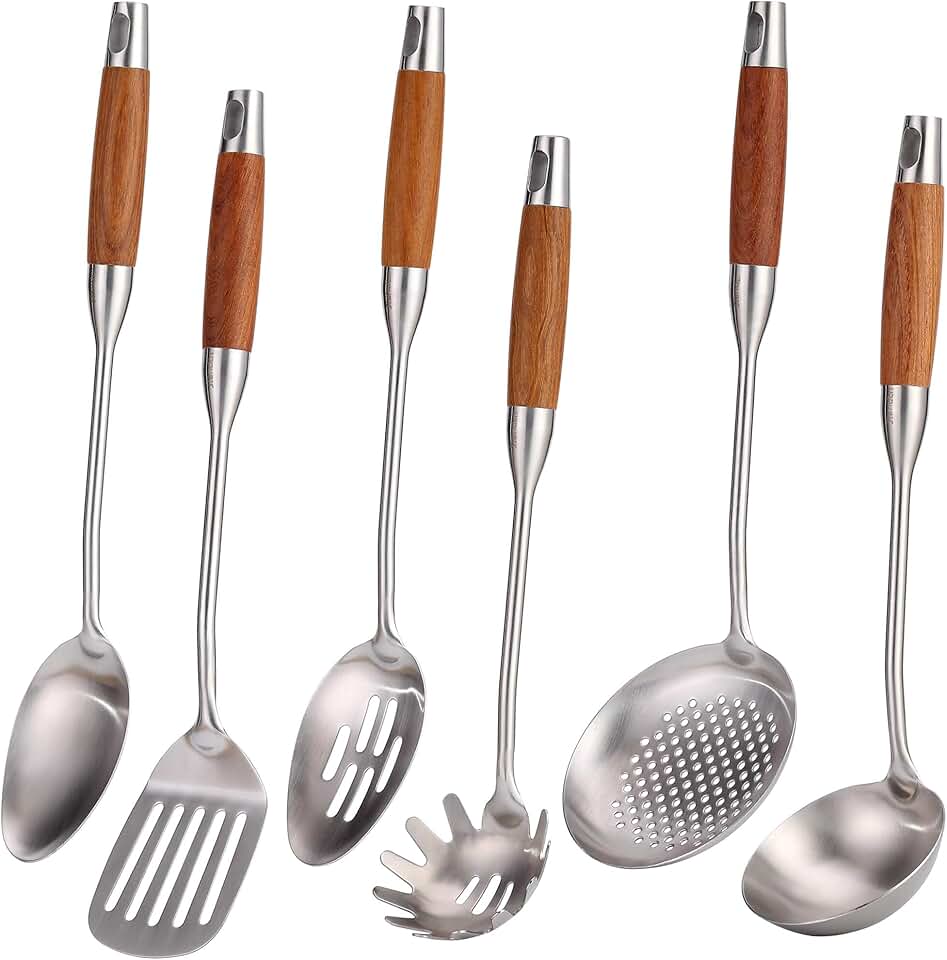Set of 6 stainless steel kitchen utensils with wood handles