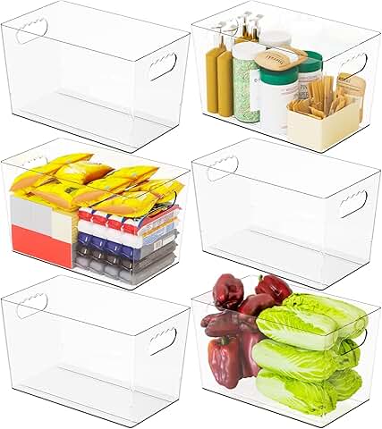 Set of 6 clear plastic bins with handles for organizing shelves and pantry