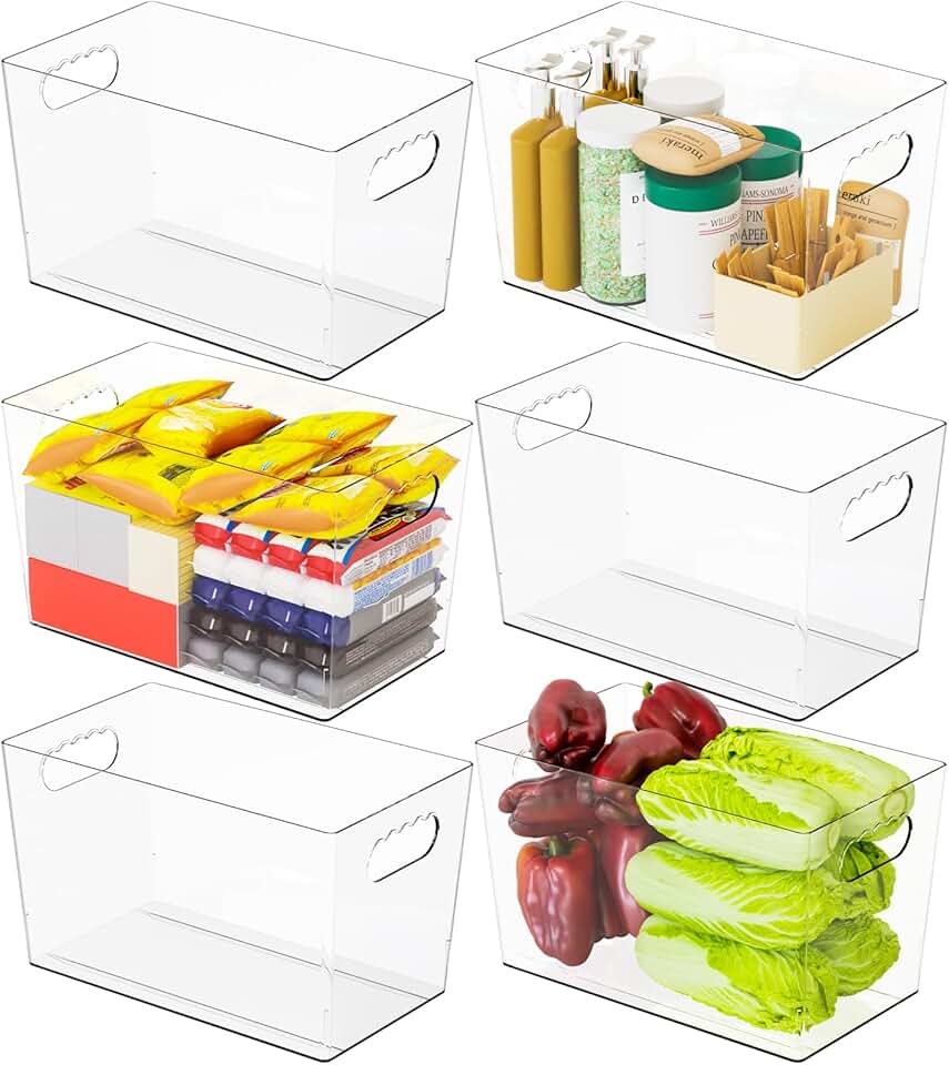 Set of 6 clear plastic bins with handles for organizing shelves and pantry