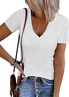 Women's Summer Short Sleeve V-Neck Ribbed Knit Button Tunic