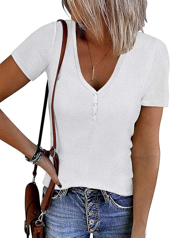 Women's Summer Short Sleeve V-Neck Ribbed Knit Button Tunic