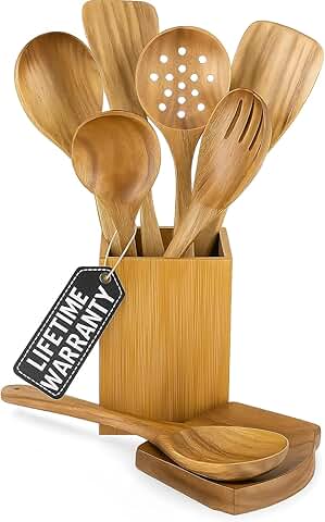 8-Piece Wooden Cooking Spoon Set with Rest and Holder