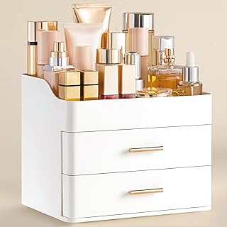White Makeup Organizer with 2 Drawers for Vanity and Bathroom