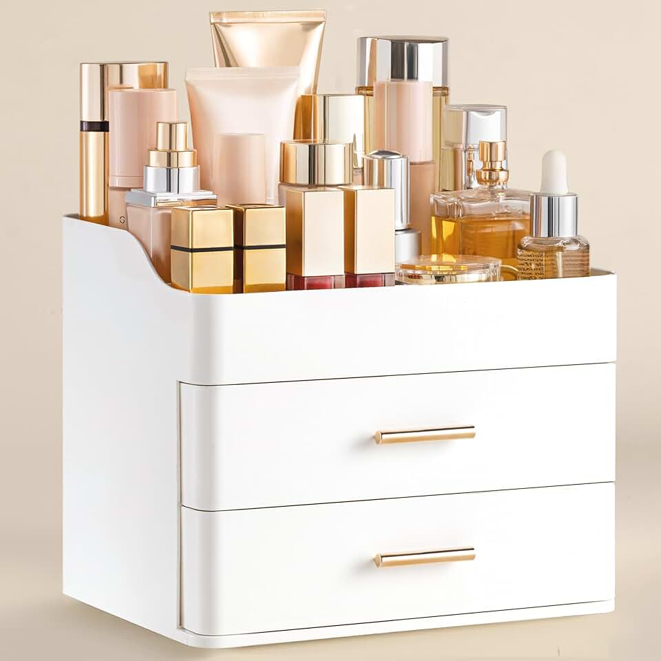 White Makeup Organizer with 2 Drawers for Vanity and Bathroom