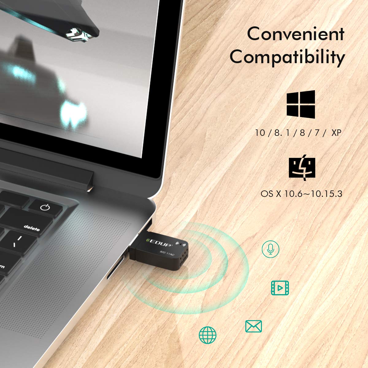 1300Mbps USB 3.0 Wireless WiFi Adapter for PC, USB Wi-Fi Dongle AC Mini Network Adapters 802.11ac 2.4GHz/5GHz Built-in Antenna for Windows 10/7/8/8.1/XP Mac OS 10.6-10.15