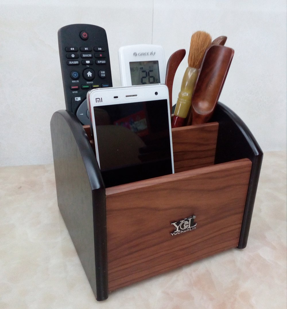 Rotating wooden remote and pen holder for desk