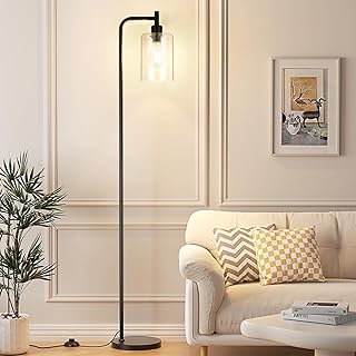 Black industrial floor lamp with glass shade and foot switch