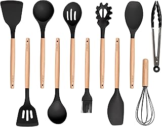 11-Piece Silicone Kitchen Utensil Set with Wooden Handles