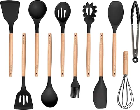 11-Piece Silicone Kitchen Utensil Set with Wooden Handles