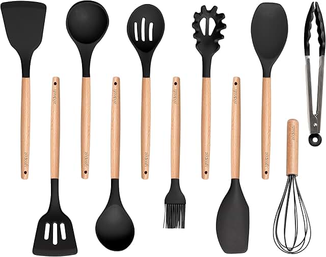11-Piece Silicone Kitchen Utensil Set with Wooden Handles
