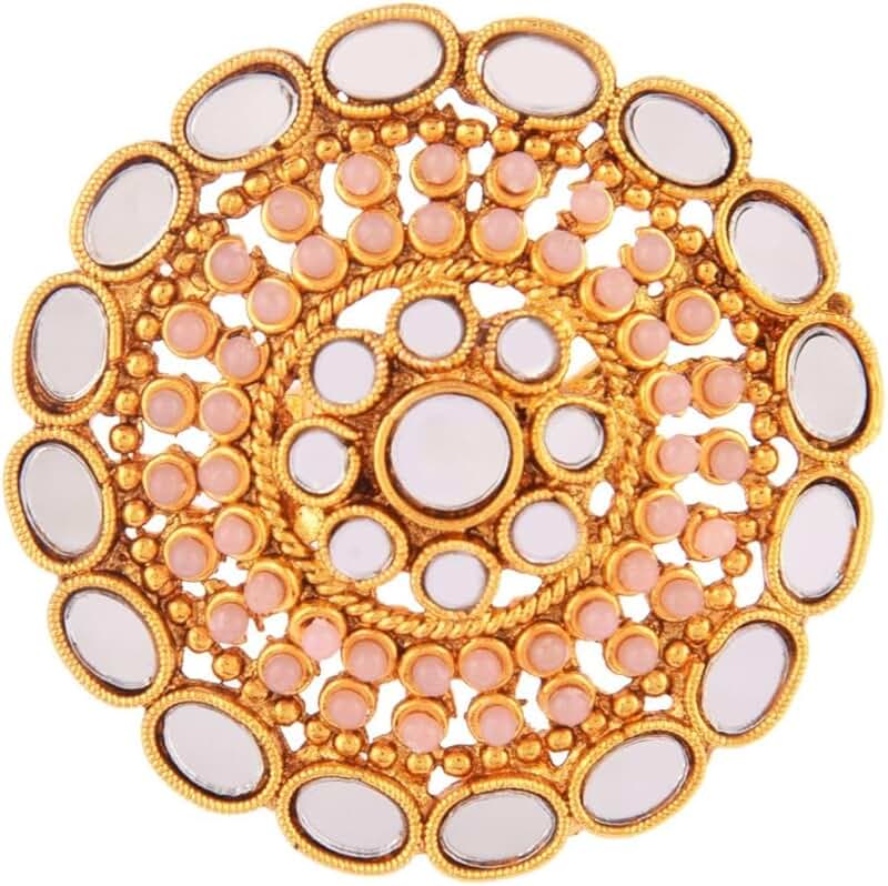 Round Crystal Glass Faux Pearl Beaded Adjustable Ring for Women