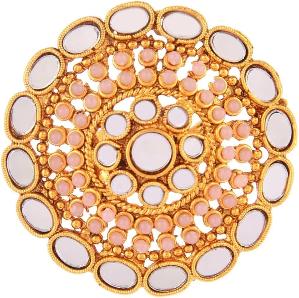 Round Crystal Glass Faux Pearl Beaded Adjustable Ring for Women