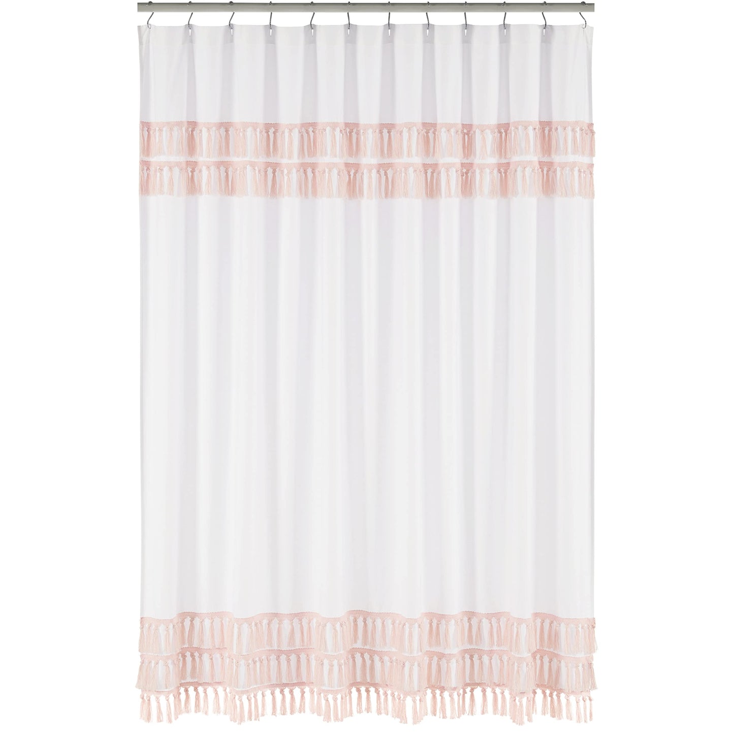Boho Bohemian Bathroom Fabric Bath Shower Curtain  Blush Pink and White Farmhouse Shabby Chic Designer Modern Minimalist Tel Fringe Macrame Cotton
