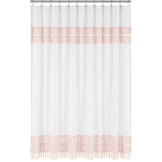 Boho Bohemian Bathroom Fabric Bath Shower Curtain  Blush Pink and White Farmhouse Shabby Chic Designer Modern Minimalist Tel Fringe Macrame Cotton
