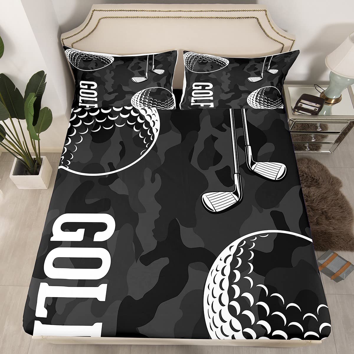 Golf Print Bed Sheets Black Camo Sheet Set Full Kids Boys Teens Camouflage Sheets Sports Themed Flat Sheet,Golf Balls Gaming Bedding Sheets  Pillowcases 4 Piece Soft Microfiber Bedding