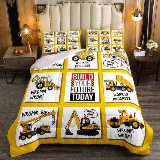 Construction Site Cars Comforter Set Equipment Trucks Excavator Bedding Set for Kids Boys Cartoon Machinery Cars Comforter Tractors Duvet Set Room Decor 2Pcs with 1 Pillow Case Twin Size
