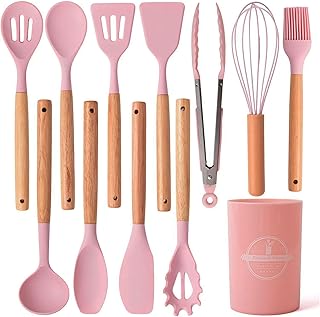 12-Piece Pink Silicone Kitchen Utensil Set with Wooden Holder