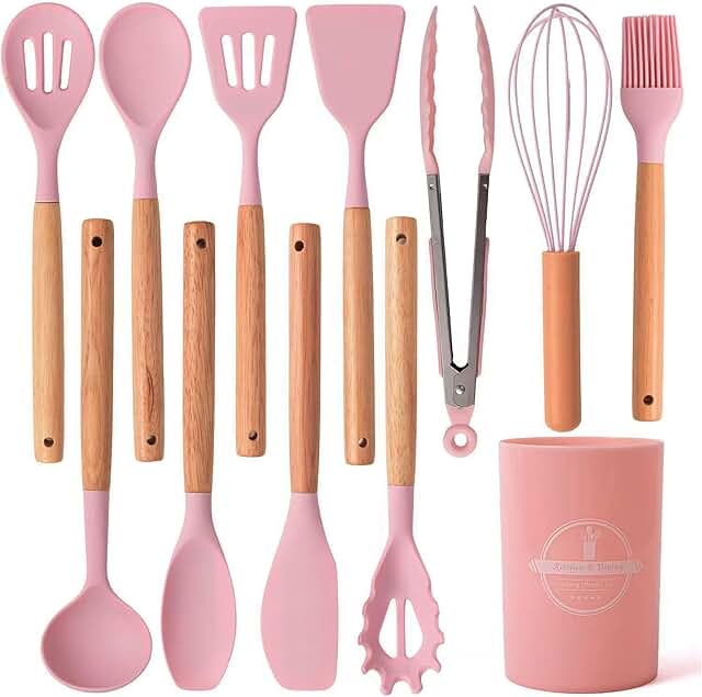 12-Piece Pink Silicone Kitchen Utensil Set with Wooden Holder