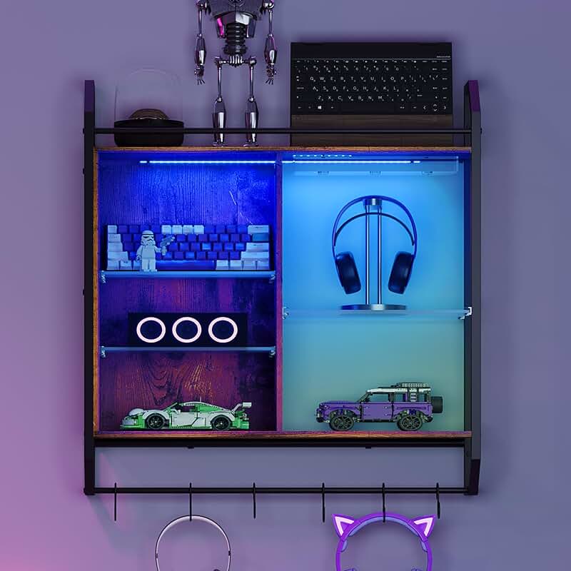 Wall Mount Shelf with LED Lights and Glass Holder