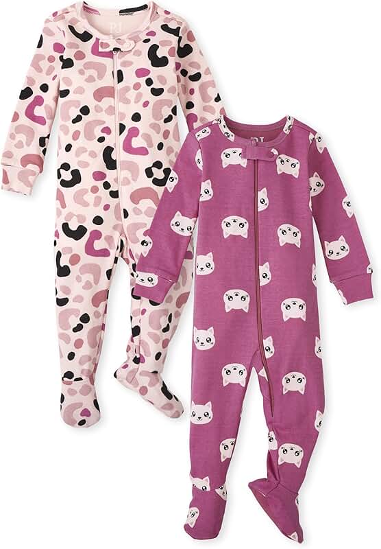 Baby Girl and Toddler Leopard Long Sleeve Zip Pajamas 2 Pack