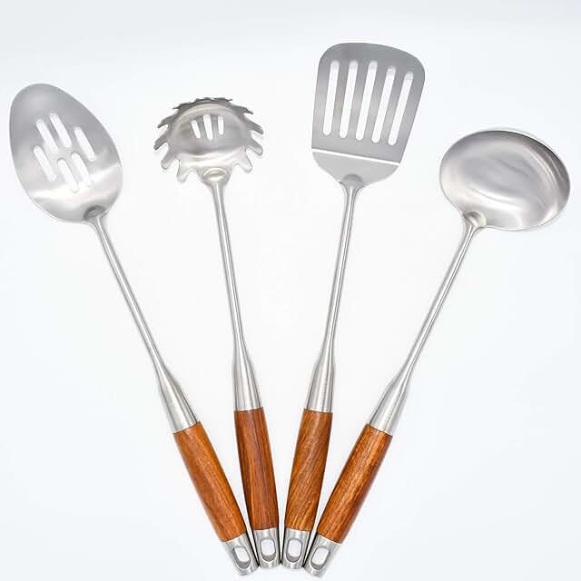 Stainless Steel Kitchen Utensil Set with Wood Handles, 4 Pieces