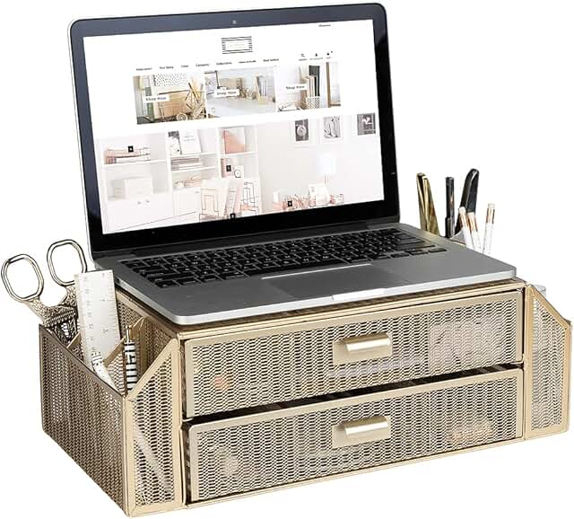 Gold monitor stand with drawer and storage