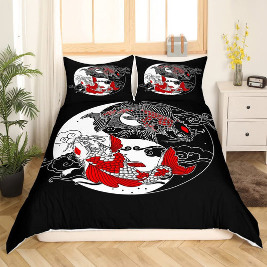 Yin Yang Bedding Sets Queen, Style Duvet Cover for Kids Boys Girls Gossip Koi Couple Fish Decor Comforter Cover,Chinese Taiji Quilt Cover Black White Red Home Room Decor 3Pcs