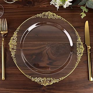10 Pack Clear and Gold Baroque Round Plastic Dinner Plates