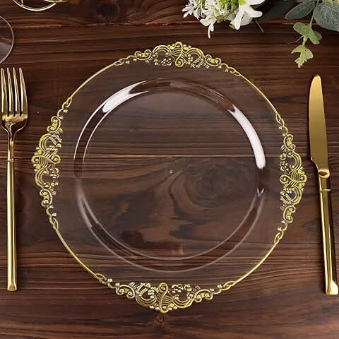 10 Pack Clear and Gold Baroque Round Plastic Dinner Plates
