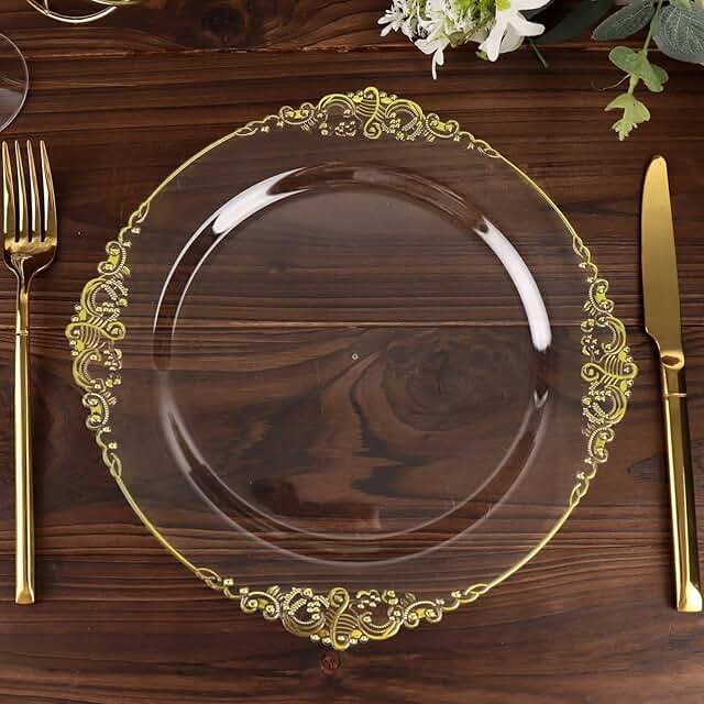 10 Pack Clear and Gold Baroque Round Plastic Dinner Plates