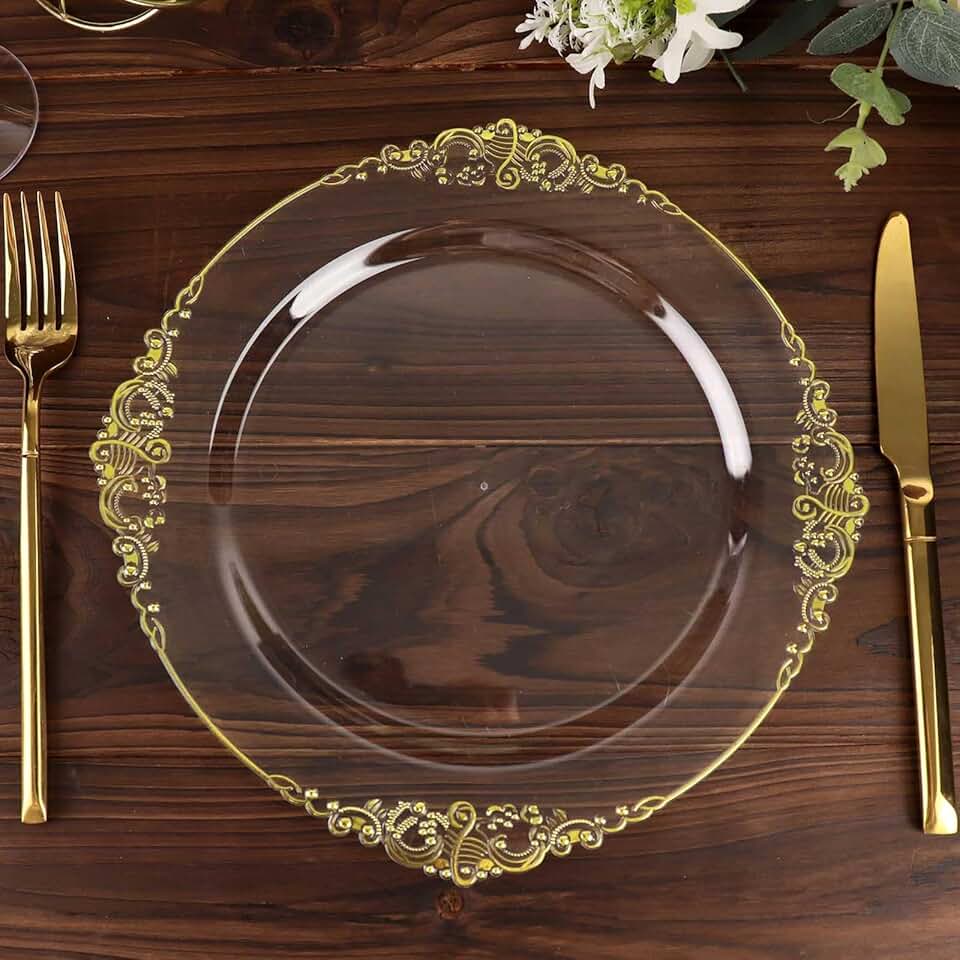 10 Pack Clear and Gold Baroque Round Plastic Dinner Plates