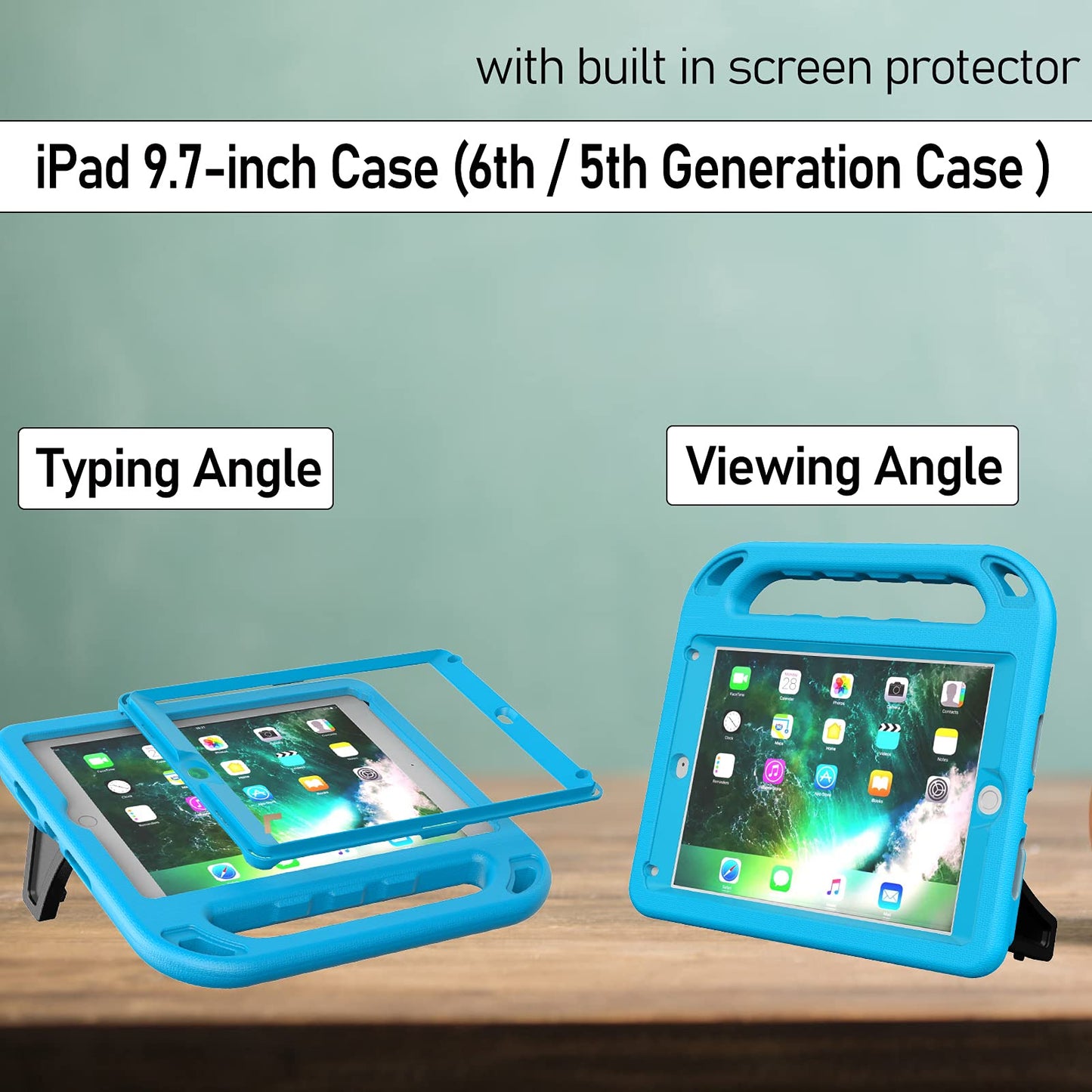 Kids Case for iPad 6th/5th Generation - iPad 9.7-Inch Case 2018/2017, iPad Air 2 Case for Kids, Built in Screen Protector, Shockproof Handle Stand Case for iPad 6th/5th Gen/Air 2/Air 9.7, Blue